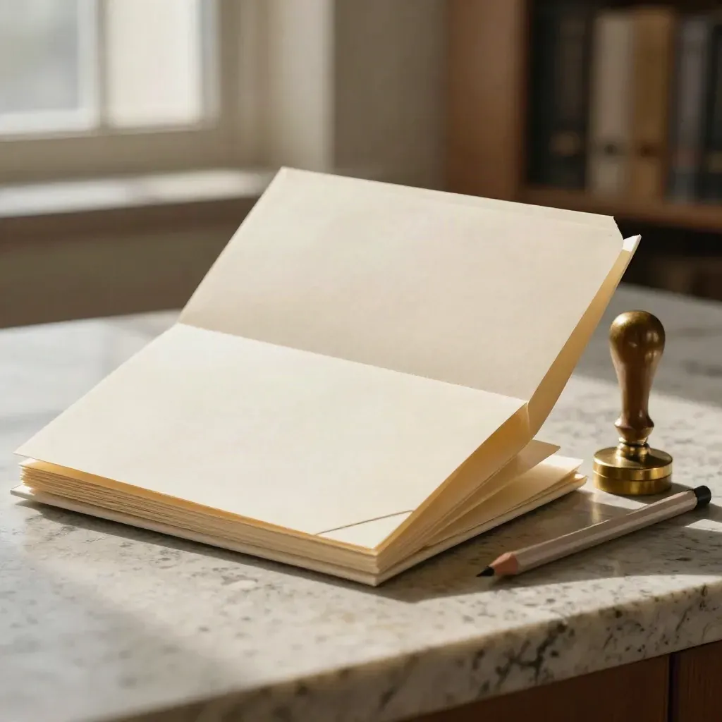 Court form bundle in a cream folder with brass stamp and pencil on stone counter.