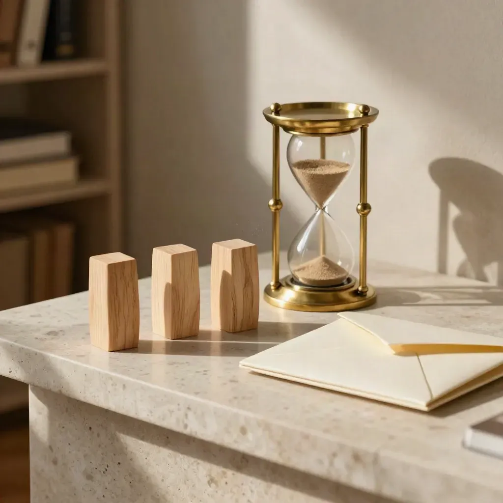 Brass hourglass, date blocks, and ribbon-marked tray on pale travertine
