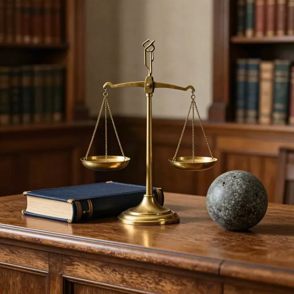 Brass scales, navy legal bundle, and stone paperweight on oak in dramatic light.