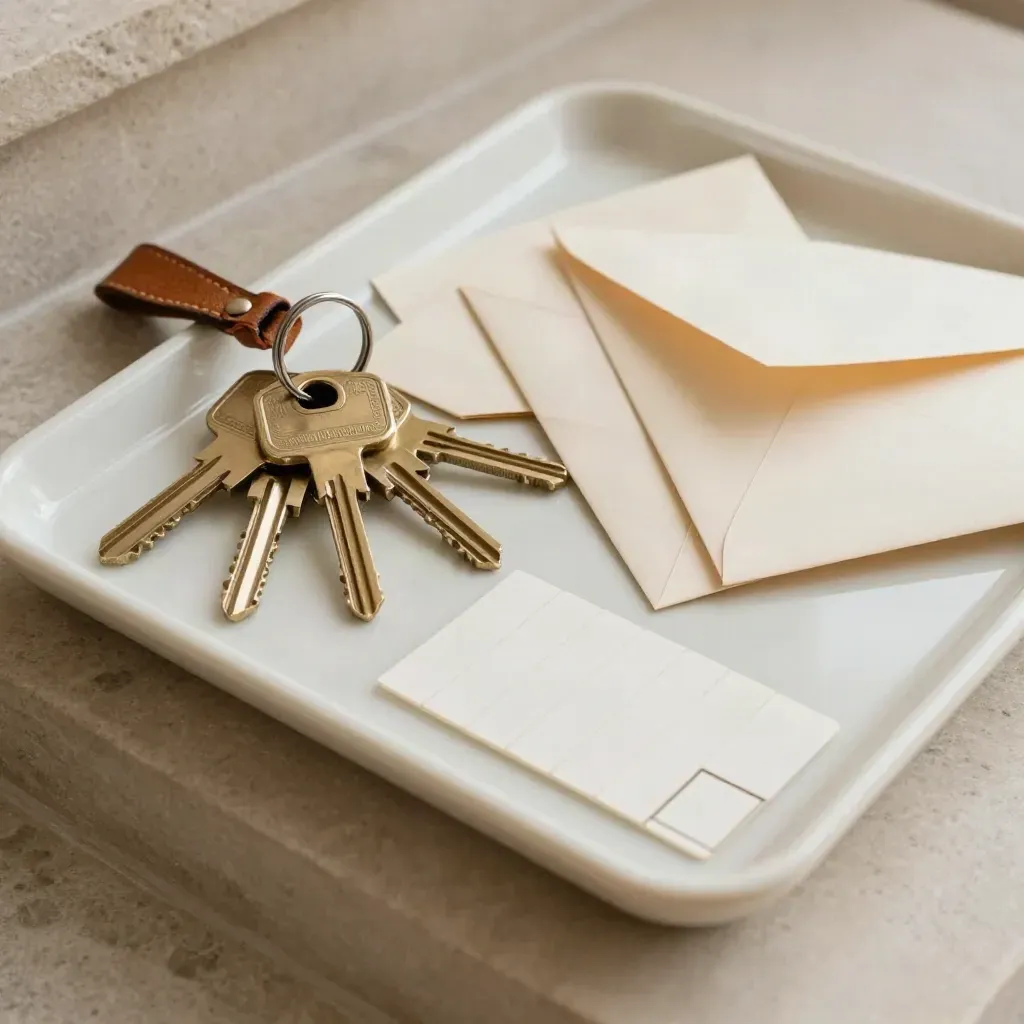 Top-down keys, sealed envelopes and tray tabs on pale stone, suggesting a clear lease dispute plan.