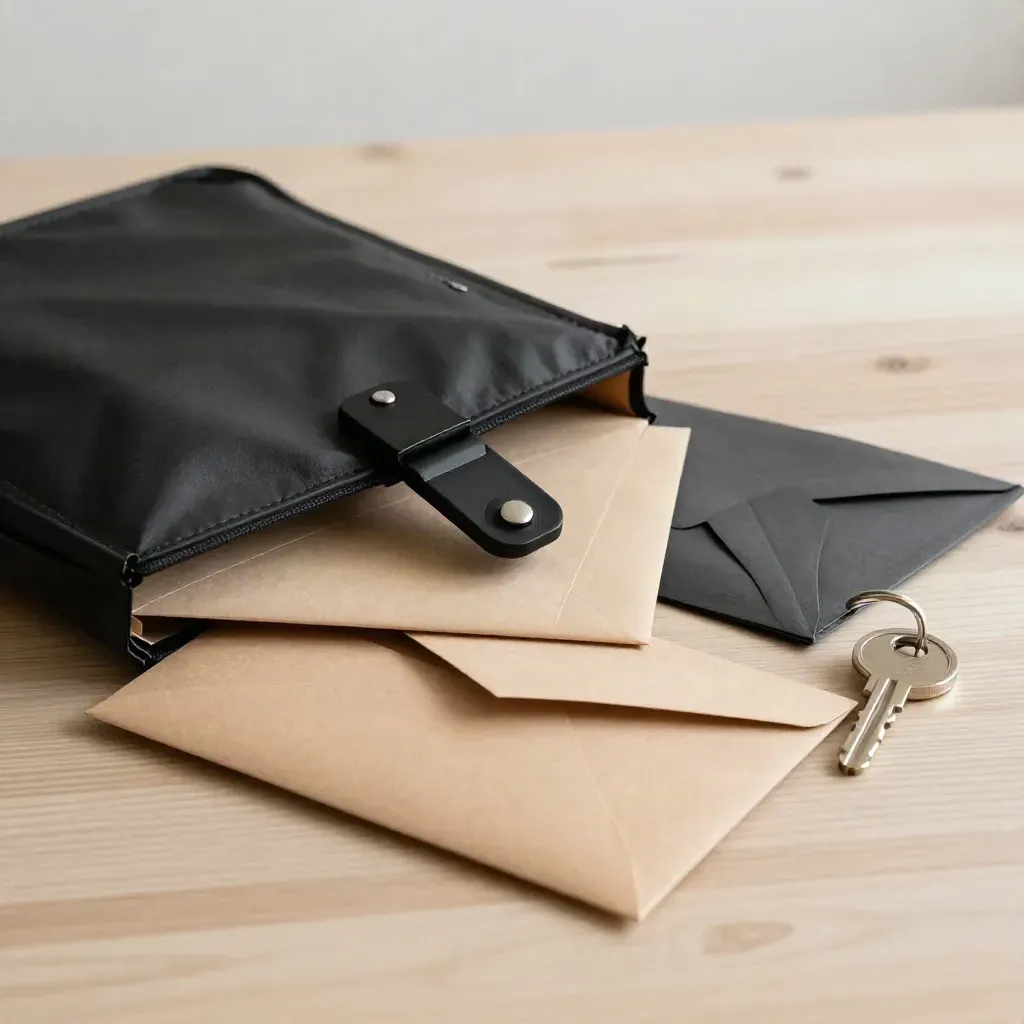 Black courier pouch clips shut beside a kraft envelope and key ring on pale wood.