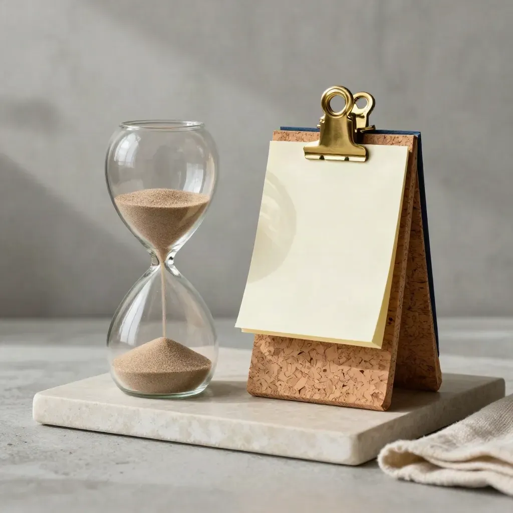 Hourglass, cork memo rail and brass clip on stone with folded linen, in calm daylight.